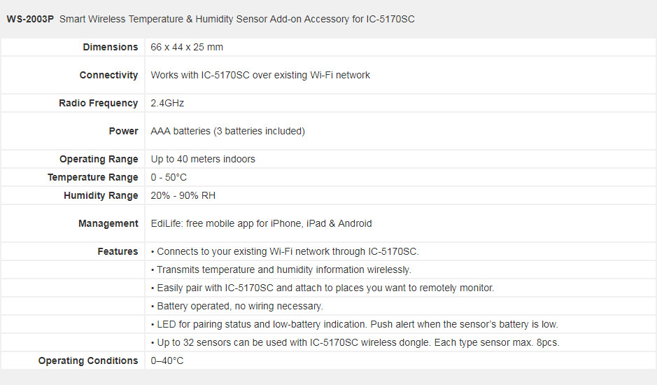 Edimax Smart Wireless Temperature & Humidity Sensor Add-on Accessory for  IC-5170SC - EDIMAX
